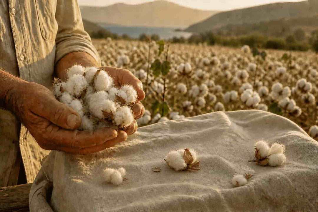 A close-up of a person's hands holding fluffy white cotton bolls, with a cotton field and mountains in the background.