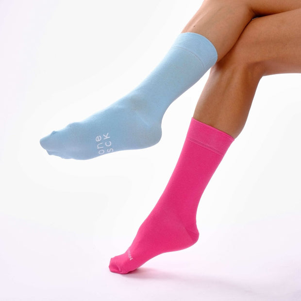 Baby Blue & Hot Pink Odd Socks – Mismatched Cotton Crew Socks - Odd Socks