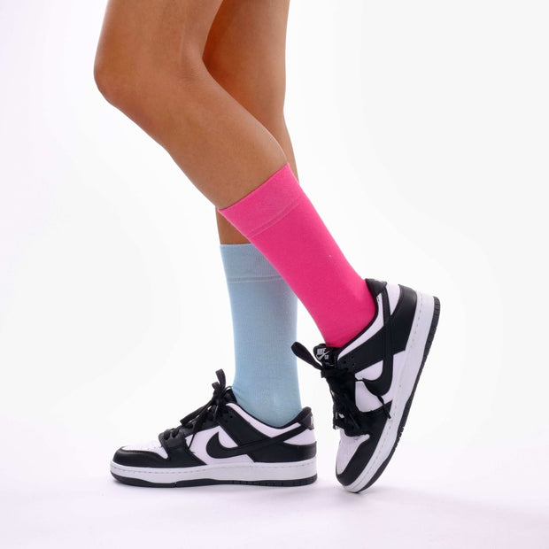 Baby Blue & Hot Pink Odd Socks – Mismatched Cotton Crew Socks - Odd Socks