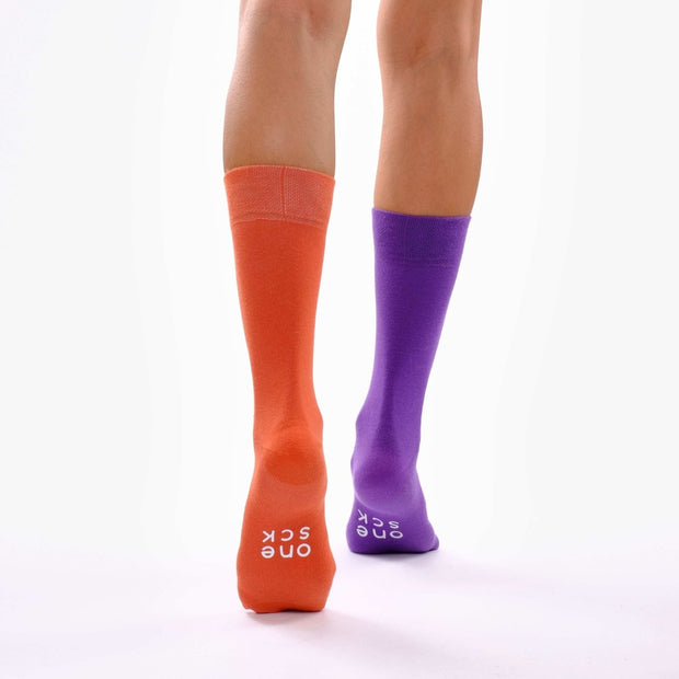 Burnt Orange & Purple Odd Socks – Mismatched Cotton Crew Socks - Odd Socks