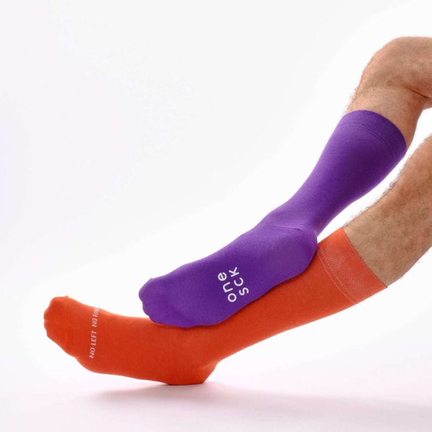 Burnt Orange & Purple Odd Socks – Mismatched Cotton Crew Socks - Odd Socks
