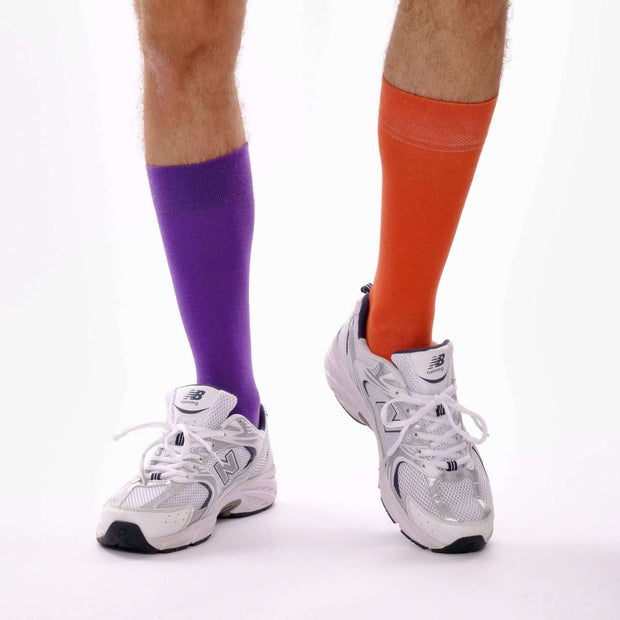 Burnt Orange & Purple Odd Socks – Mismatched Cotton Crew Socks - Odd Socks