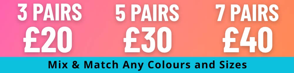 Promotional banner showing pricing for 3, 5, and 7 pairs of shoes with a mix and match offer.