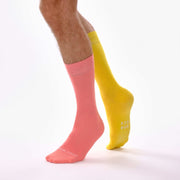 Coral Pink & Yellow Odd Socks – Mismatched Cotton Crew Socks - Odd Socks