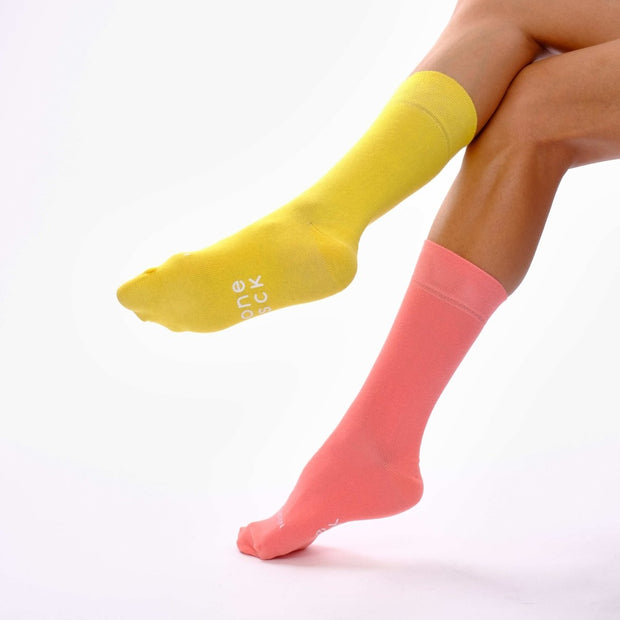 Coral Pink & Yellow Odd Socks – Mismatched Cotton Crew Socks - Odd Socks