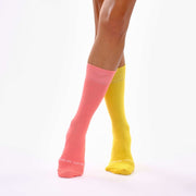 Coral Pink & Yellow Odd Socks – Mismatched Cotton Crew Socks - Odd Socks