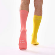 Coral Pink & Yellow Odd Socks – Mismatched Cotton Crew Socks - Odd Socks