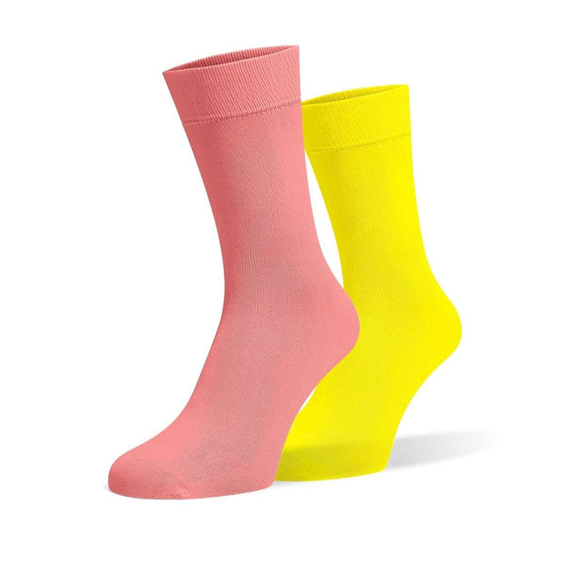 Coral Pink & Yellow Odd Socks – Mismatched Cotton Crew Socks - Odd Socks