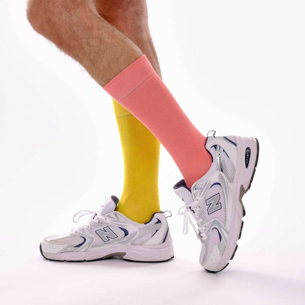 Coral Pink & Yellow Odd Socks – Mismatched Cotton Crew Socks - Odd Socks