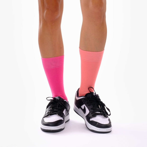 Hot Pink & Coral Pink Odd Socks – Mismatched Cotton Crew Socks - Odd Socks