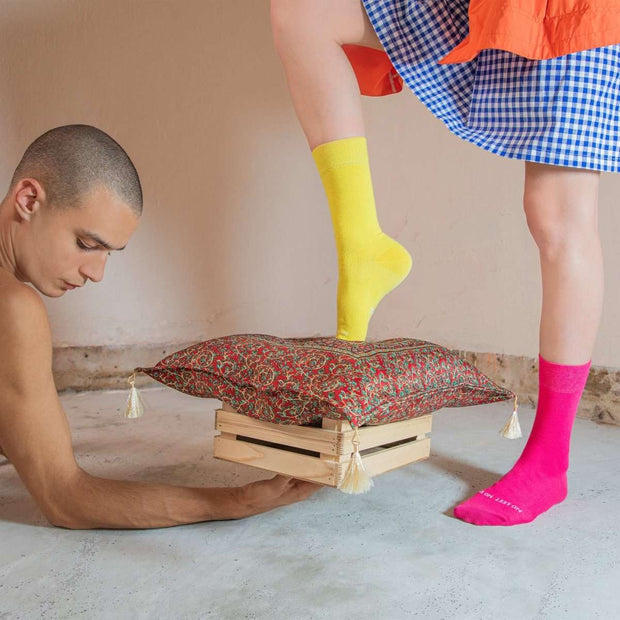Hot Pink & Yellow Odd Socks – Mismatched Cotton Crew Socks - Odd Socks
