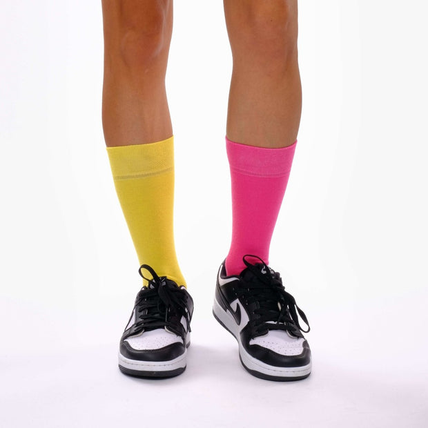 Hot Pink & Yellow Odd Socks – Mismatched Cotton Crew Socks - Odd Socks