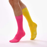 Hot Pink & Yellow Odd Socks – Mismatched Cotton Crew Socks - Odd Socks