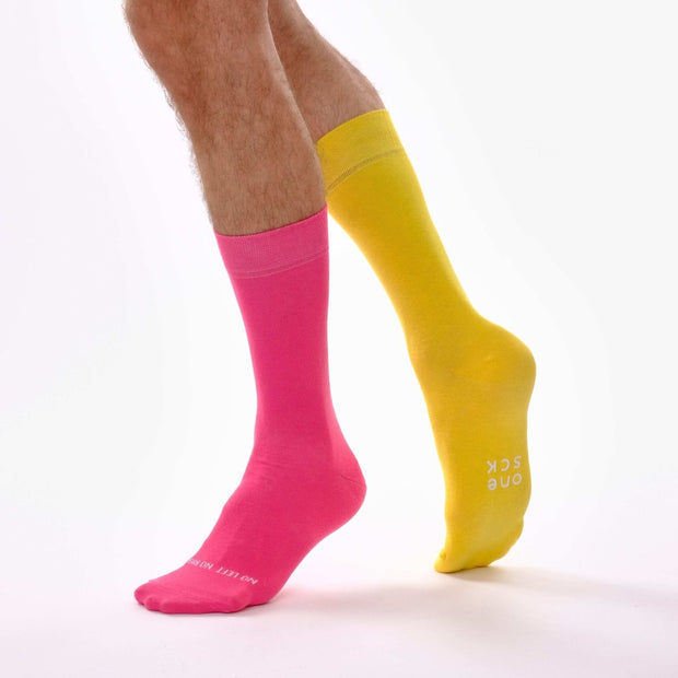 Hot Pink & Yellow Odd Socks – Mismatched Cotton Crew Socks - Odd Socks
