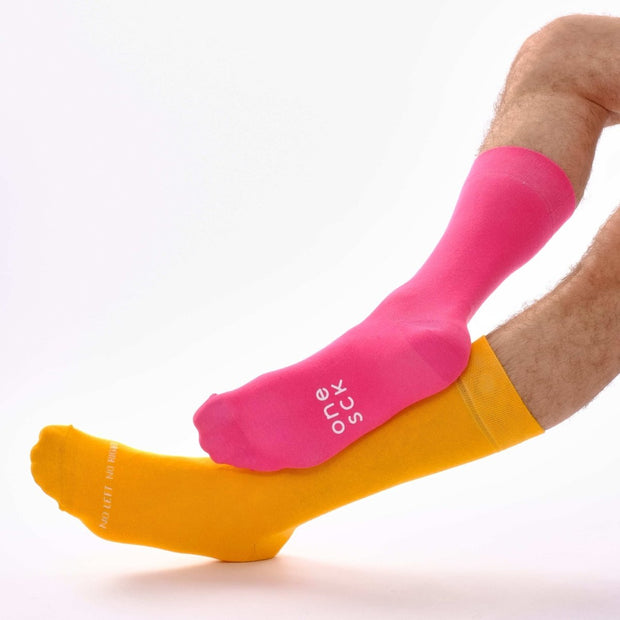 Light Orange & Hot Pink Odd Socks – Mismatched Cotton Crew Socks - Odd Socks