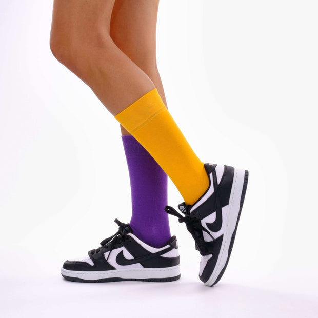 Light Orange & Purple Odd Socks – Mismatched Cotton Crew Socks - Odd Socks