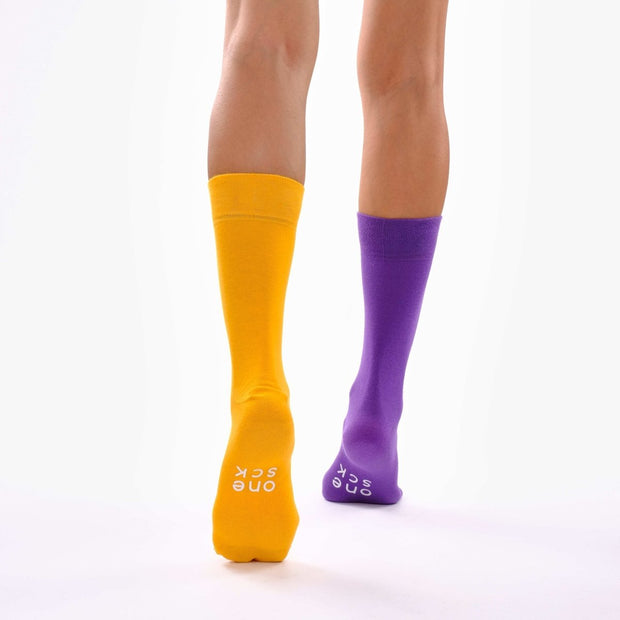 Light Orange & Purple Odd Socks – Mismatched Cotton Crew Socks - Odd Socks