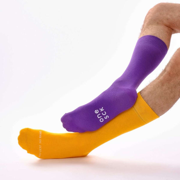Light Orange & Purple Odd Socks – Mismatched Cotton Crew Socks - Odd Socks