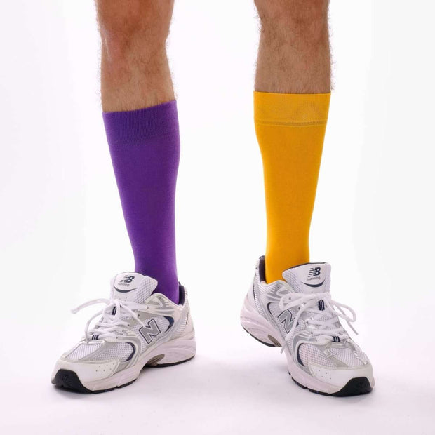 Light Orange & Purple Odd Socks – Mismatched Cotton Crew Socks - Odd Socks