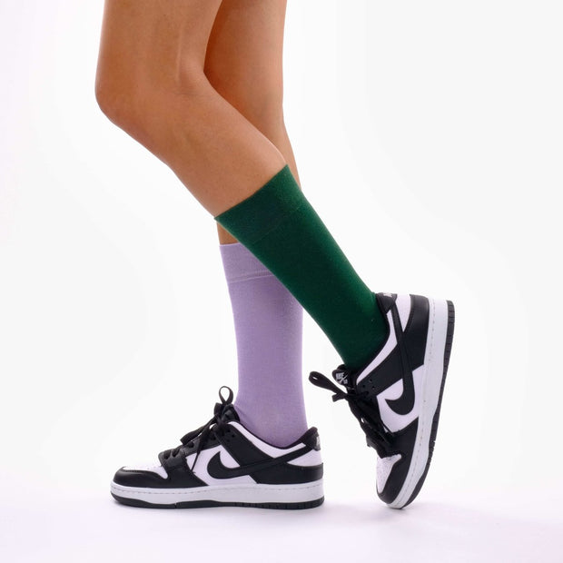 Lilac & Dark Green Odd Socks – Mismatched Cotton Crew Socks - Odd Socks
