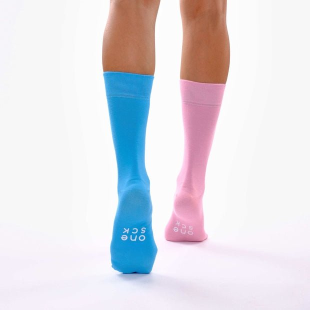 Sky Blue and Candy Pink Odd Socks – Mismatched Cotton Crew Socks - Odd Socks
