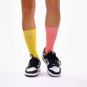 Coral Pink & Yellow Odd Socks – Mismatched Cotton Crew Socks - Odd Socks