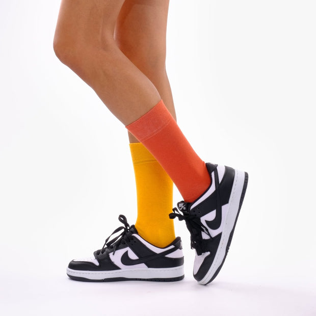 Light Orange & Burnt Orange Odd Socks – Mismatched Cotton Crew Socks - Odd Socks